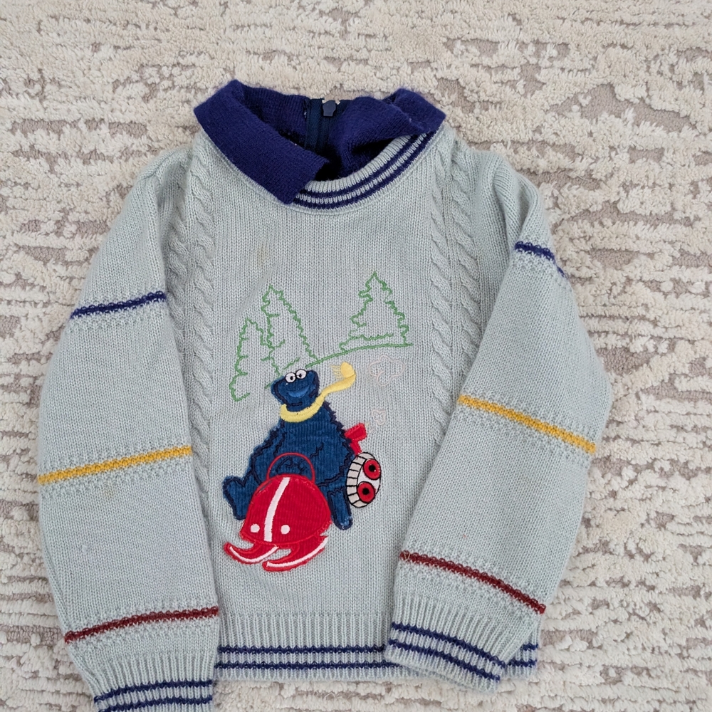 Vintage JCPenney Sesame Street Cookie Monster on Snow Mobile Sweater, Blue, Gray